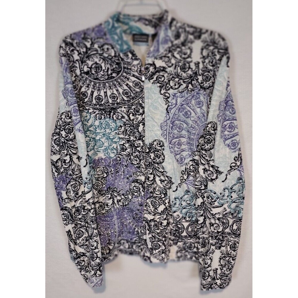 Additions By Chicos Size1 Front Zip Jacket Roman Scroll Print Multi Color Pocket